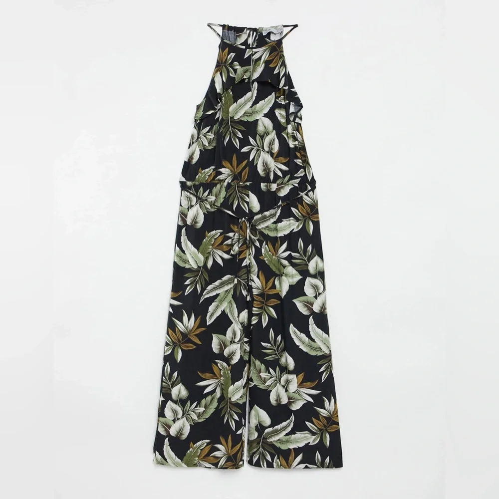 Oasis Jumpsuit Women Palm Print Black‎ Floral Wide Leg Vacay Preppy Halter Top